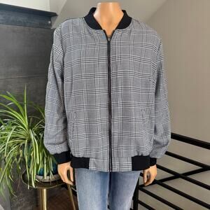 LILI Sport Houndstooth Plaid Bomber Jacket Varsity Striped Sleeve Zip Front XL